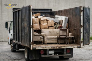 A professional junk removal truck partially filled with old furniture and boxes to illustrate volume-based pricing