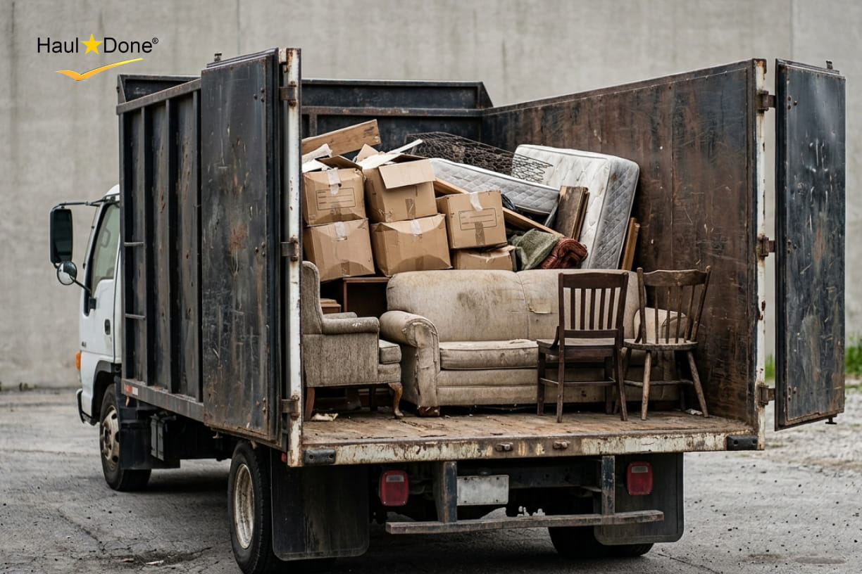 A professional junk removal truck partially filled with old furniture and boxes to illustrate volume-based pricing
