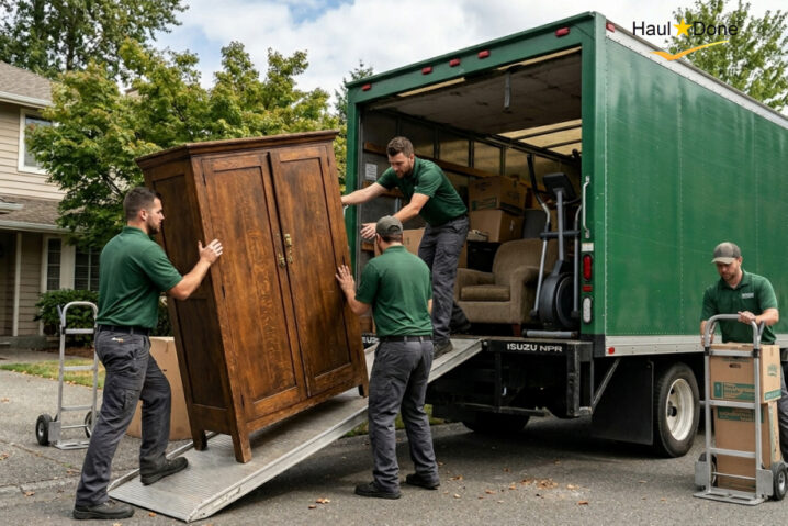 A professional junk removal truck with a crew loading a large wooden wardrobe