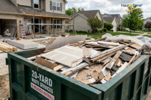 A large open-top dumpster filled with wooden planks and drywall from a home renovation