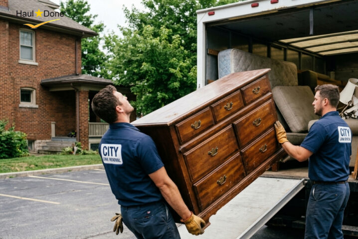 Two workers in uniform lifting a large wooden dresser into the back of a junk removal truck